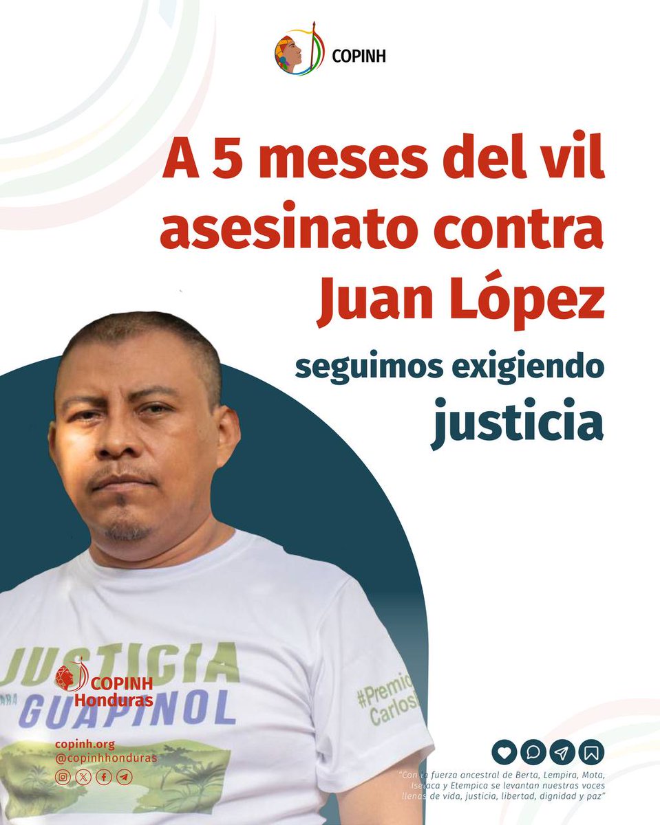 📌A cinco meses del vil asesinato contra  Juan López, seguimos exigiendo justicia.

Juan fue asesinado por su lucha incansable contra la Minera Los Pinares Ecotek de Lenir Pérez y las mafias que operan en la zona.

🌿 Su asesinato no quedará en el olvido, su lucha sigue viva en