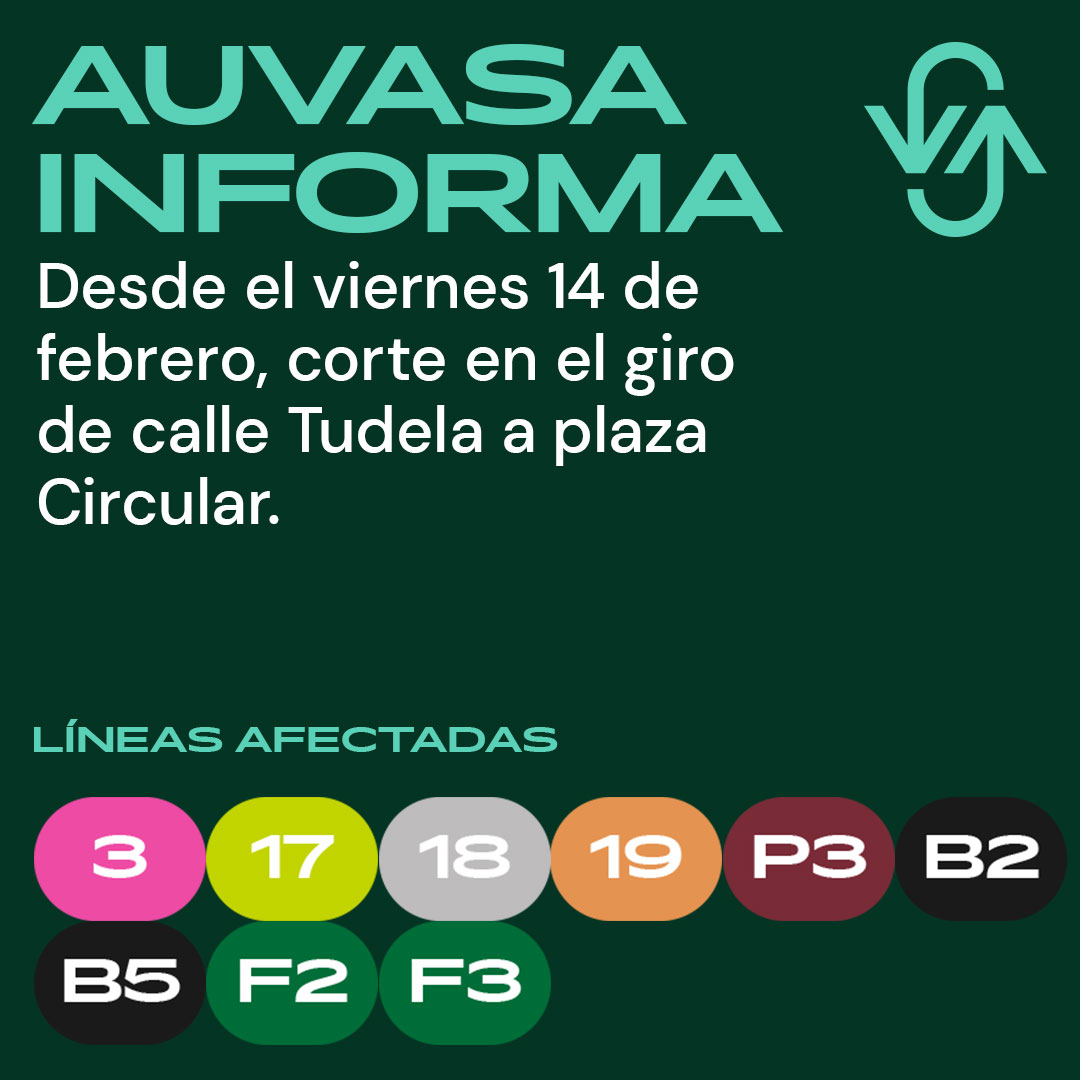 AuvasaVLL's tweet photo. ⛔ Actualizado el corte en el giro de #CalleTudela a #PlazaCircular por obras
🚍 Líneas afectadas: 3, 17, 18, 19, P3, B2, B5, F2 y F3
❌🚏 Pza. Cruz Verde 5
✅🚏 Más cercana: Pza. Circular 11 https://t.co/aYRFsdSYn2