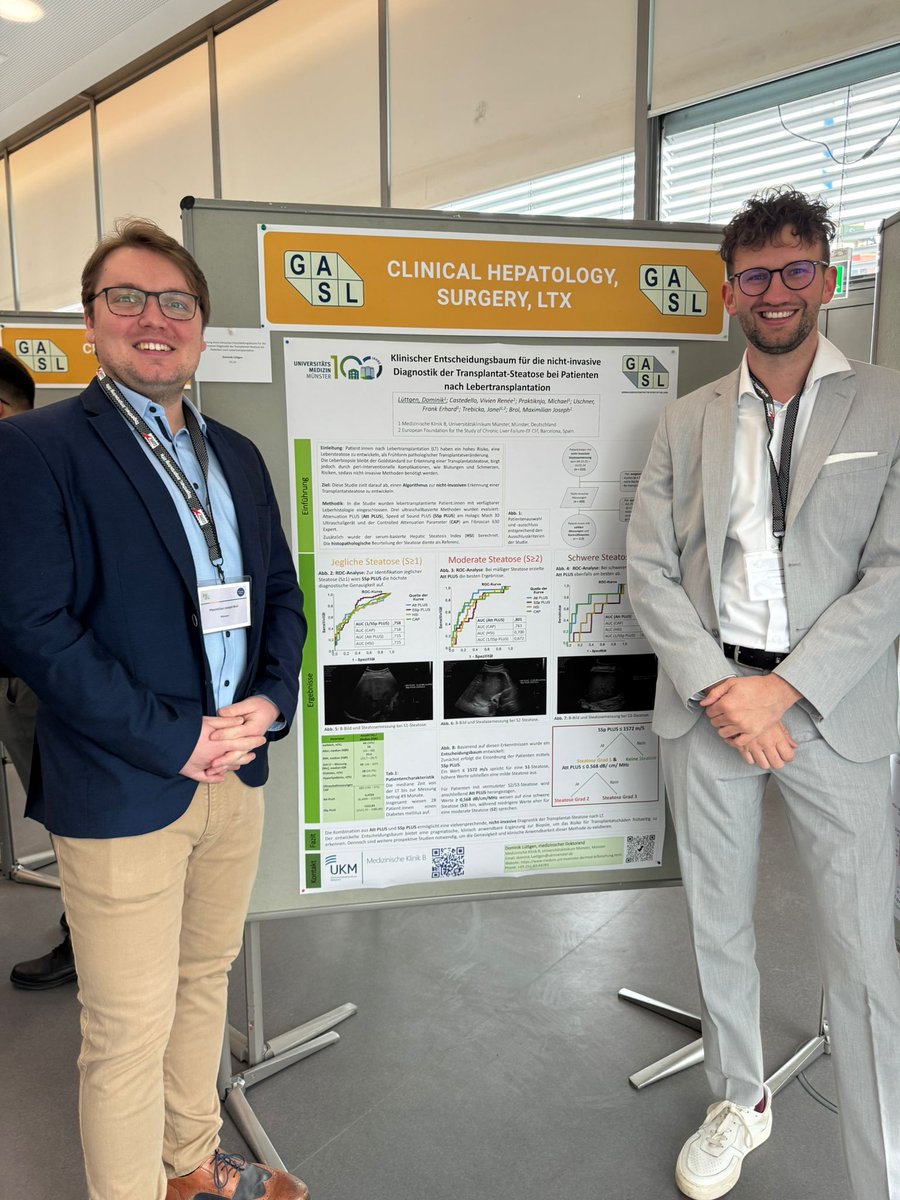 Dominik Lüttgen und Dr. Maximilian Brol präsentieren an Poster P2.24 einen Elastographie-basierten Algorithmus zur Bestimmung der Lebersteatose bei Patient*innen nach #Lebertransplantation und beantworten euch gern alle Fragen zu diesem Thema.