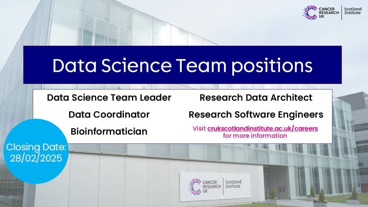 🆕Opportunities to join a newly formed Data Science Team at the CRUK Scotland Institute focused on the management and sharing of multimodal data arising from pre-clinical and clinical datasets

📅Closing date: 28 February 

👉Find out more and apply here: crukscotlandinstitute.ac.uk/careers