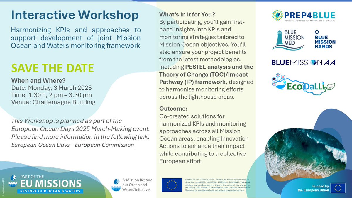🔔#EUOceanDays takes place 3-7 March! 🇪🇺 Throughout the week #PREP4BLUE will host many exciting events!⚡️

First up is a workshop on Harmonizing KPIs and approaches to support development of joint Mission Ocean and Waters monitoring framework🌊🚀

Details: shorturl.at/SyNwx