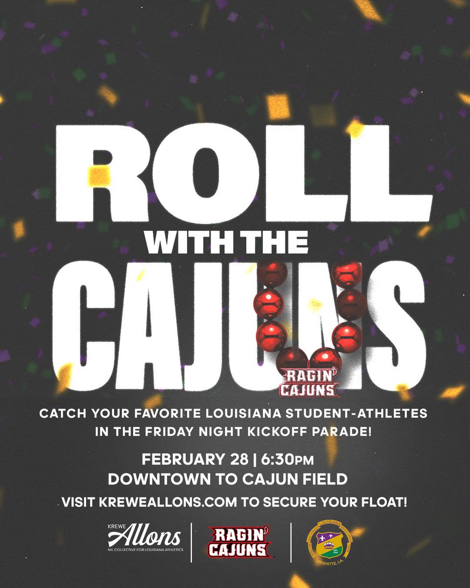 Louisiana Ragin' Cajuns® (@ragincajuns) on Twitter photo We're 𝗧𝗪𝗢 𝗪𝗘𝗘𝗞𝗦 𝗢𝗨𝗧 out from the Friday Night Kickoff Parade on February 28 📿🎉
Want to 𝗥𝗢𝗟𝗟 𝗪𝗜𝗧𝗛 𝗧𝗛𝗘 𝗖𝗔𝗝𝗨𝗡𝗦? Fans can secure a float at KreweAllons.com
#GeauxCajuns | <a href="/KreweAllons/">Krewe Allons</a> We're 𝗧𝗪𝗢 𝗪𝗘𝗘𝗞𝗦 𝗢𝗨𝗧 out from the Friday Night Kickoff Parade on February 28 📿🎉
Want to 𝗥𝗢𝗟𝗟 𝗪𝗜𝗧𝗛 𝗧𝗛𝗘 𝗖𝗔𝗝𝗨𝗡𝗦? Fans can secure a float at KreweAllons.com
#GeauxCajuns | <a href="/KreweAllons/">Krewe Allons</a>
