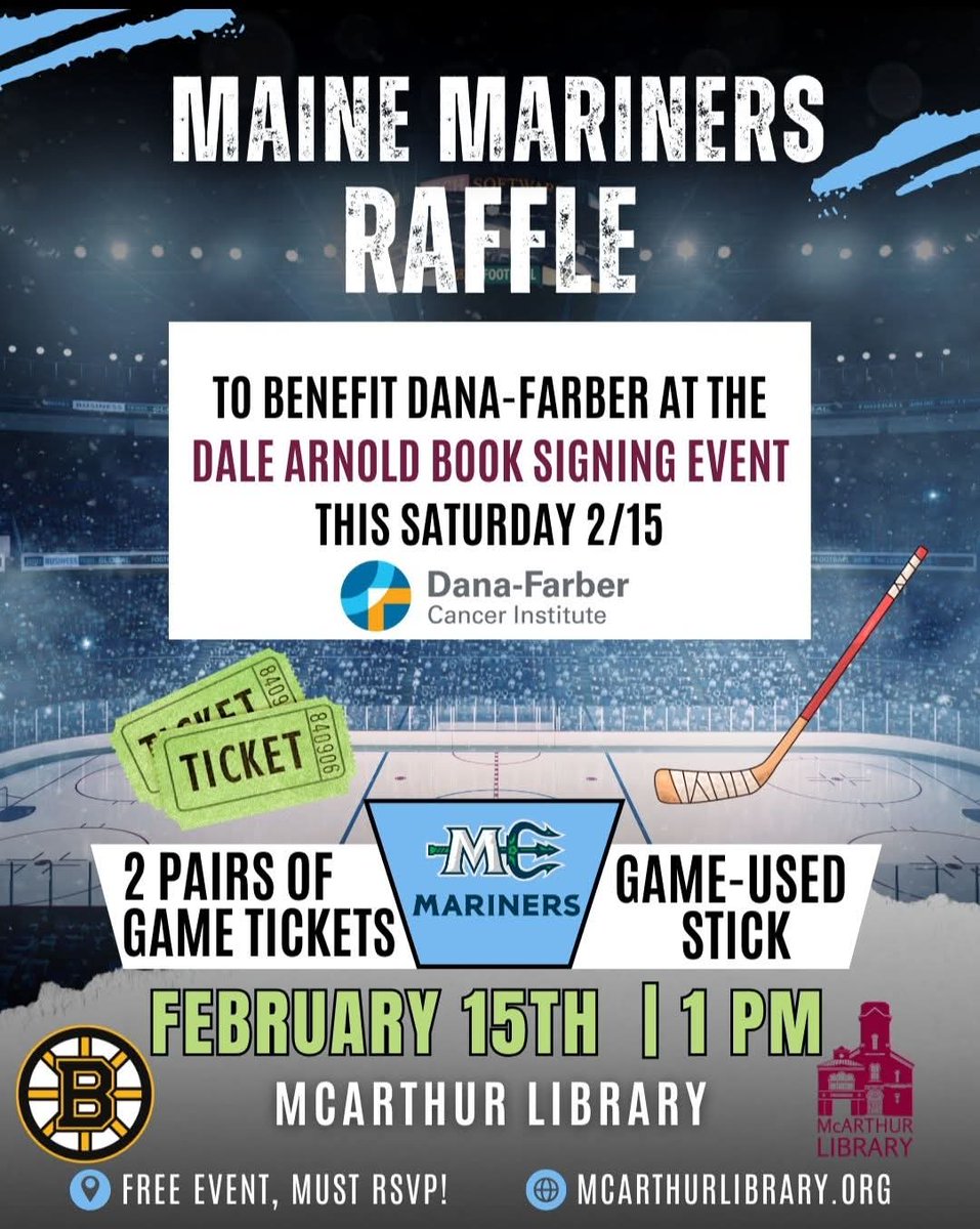 Tomorrow!  #NHLBruins
Fans, come meet <a href="/DaleEArnold/">Dale Arnold</a>
<a href="/MarinersOfMaine/">Maine Mariners</a> 
<a href="/McArthurLibrary/">McArthur Library</a>