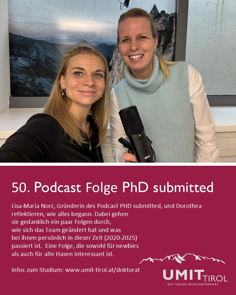 UMIT_University's tweet image. Unsere 50. Folge 🥳
Lisa-Maria Norz, Gründerin des Podcast PHD submitted, und Dorothea reflektieren, wie alles begann. 🎙️open.spotify.com/episode/1FVOB2…

#podcast #phdsubmitted #umittirol #wissenschaft #forschung @phdsubmittedpodcast