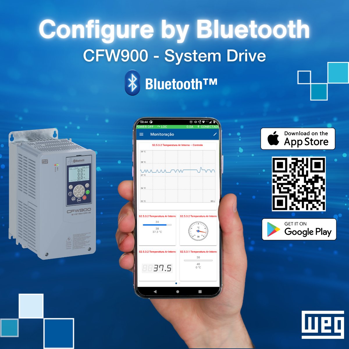 weg_usa's tweet image. Simplify configuration and monitoring with the WEG CFW900 system drive. Convenience, precision, and control—all in the palm of your hand. Download the app here: onelink.to/wpsweg

#WEG #CFW900 #BluetoothControl #SystemDrive #IndustrialAutomation