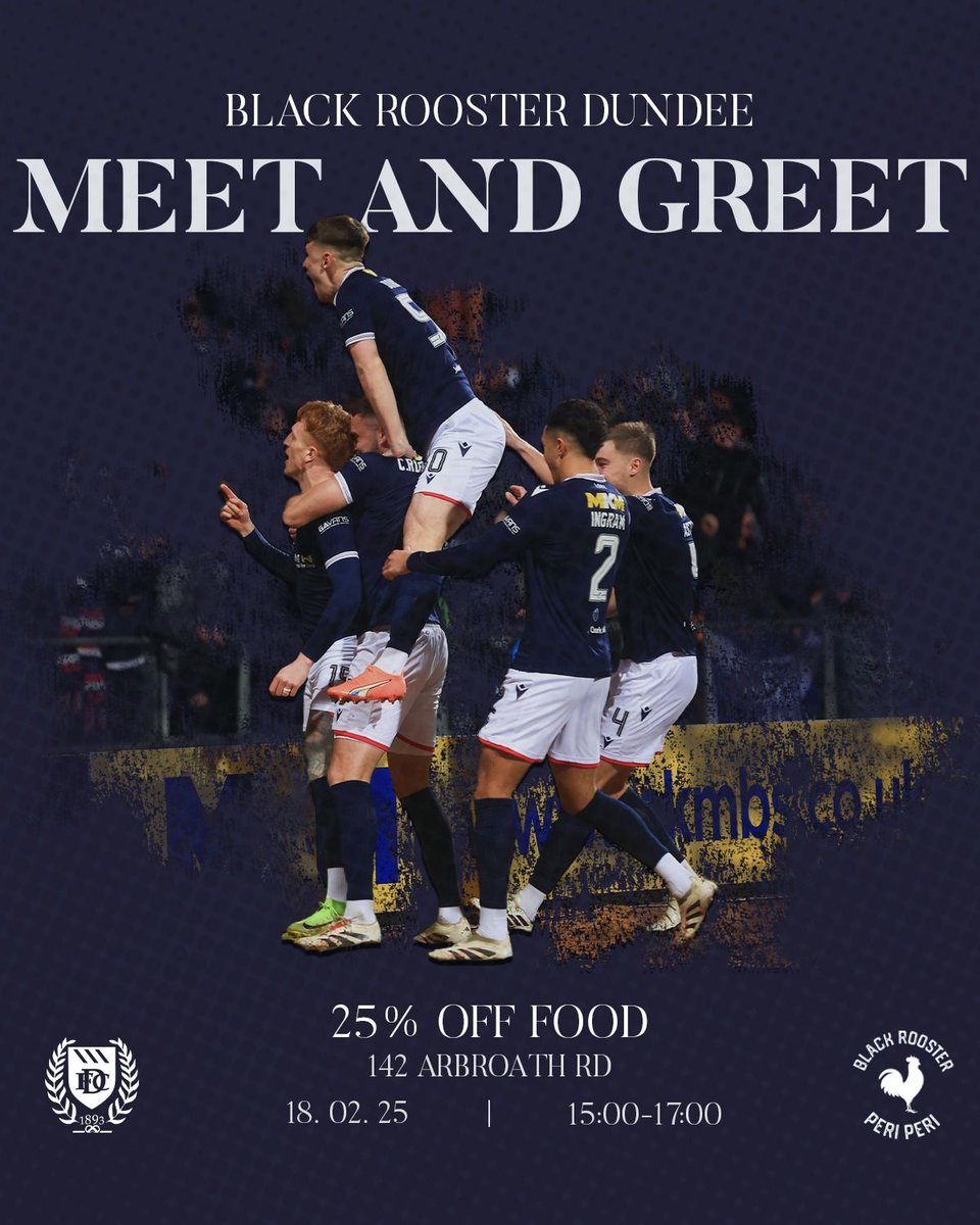 <a href="/PeriRooster/">Black Rooster Peri Peri</a> Dundee Meet and Greet! 🐓

Come meet a selection of our first team players at Black Rooster Dundee and enjoy 25% off food 💸
To attend you need to sign up through the Eventbrite link below, spaces limited ‼️

Tuesday 18th February 
3pm to 5pm
Black Rooster Dundee
142