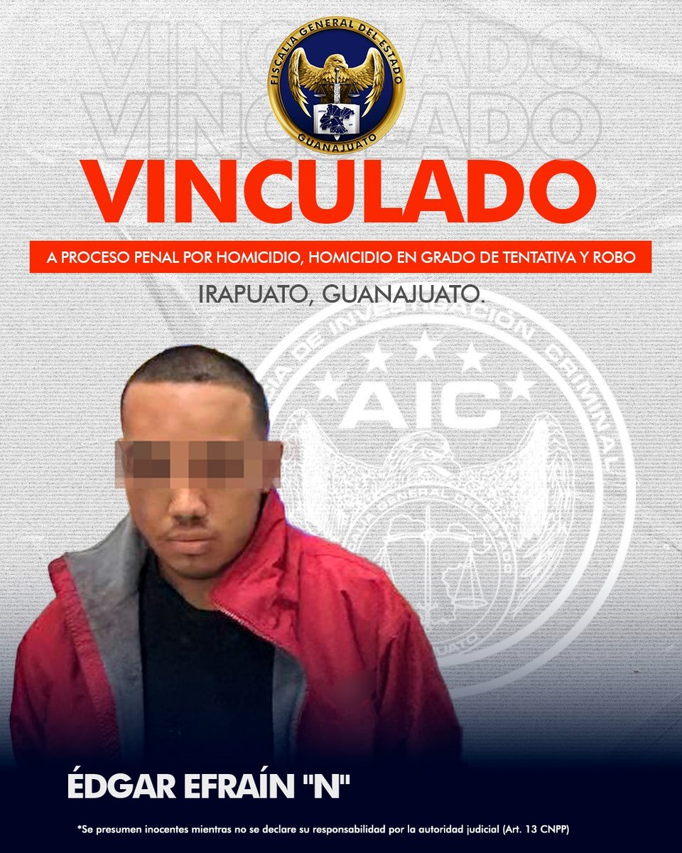 🚨 #ÚltimaHora | EDGAR EFRAÍN “N” ha sido vinculado a proceso penal por el homicidio de un guardia de seguridad en una plaza comercial de #Irapuato, ocurrido el 6 de febrero de 2025.

Este sujeto también intentó asesinar a otros dos guardias y robó un vehículo en su intento de