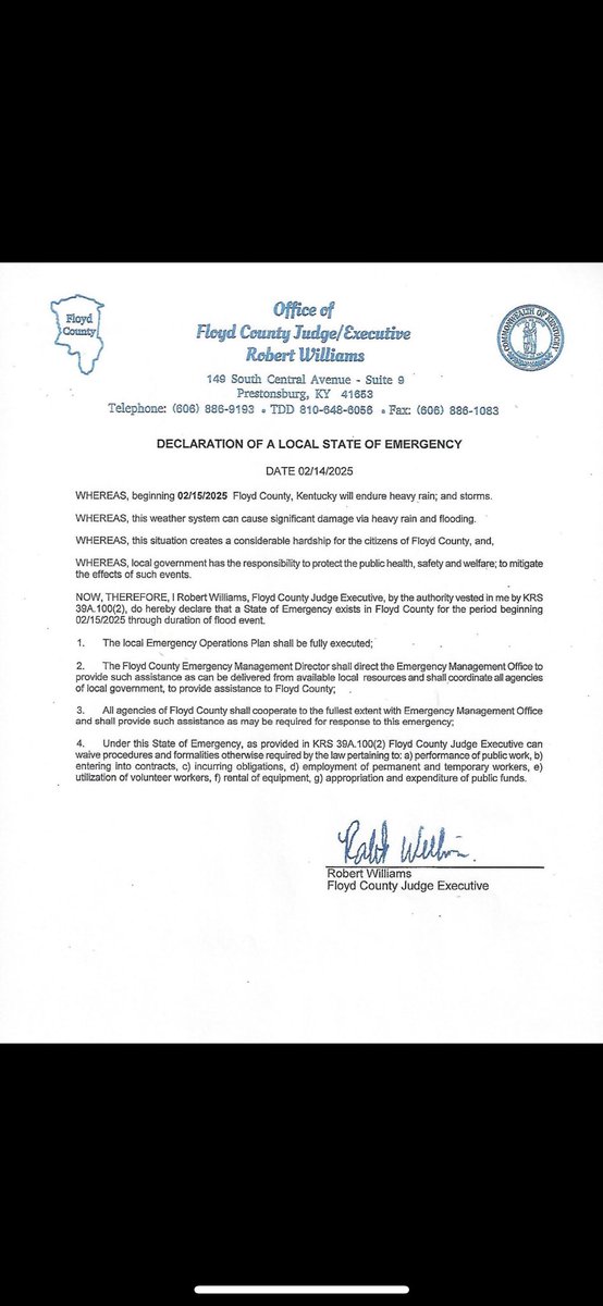 🚨State of Emergency🚨
On 2/15/25 Floyd County will endure heavy rain and storms we advise our bobcats to stay safe!