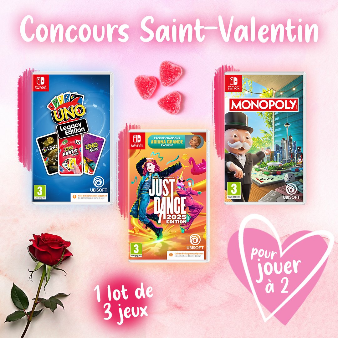 Concours Saint-Valentin ! 💞
On vous offre un lot de 3 jeux Nintendo Switch parfaits pour jouer avec votre moitié ou entre ami.e.s 🎁🥰 

Pour participer :
❤️ Liker le post
💬 Commenter avec l'émoji 🩷
✅ S'abonner à <a href="/UbisoftFR/">Ubisoft FR 🇫🇷</a>

TAS le 19/02. Bonne chance ! 🎈