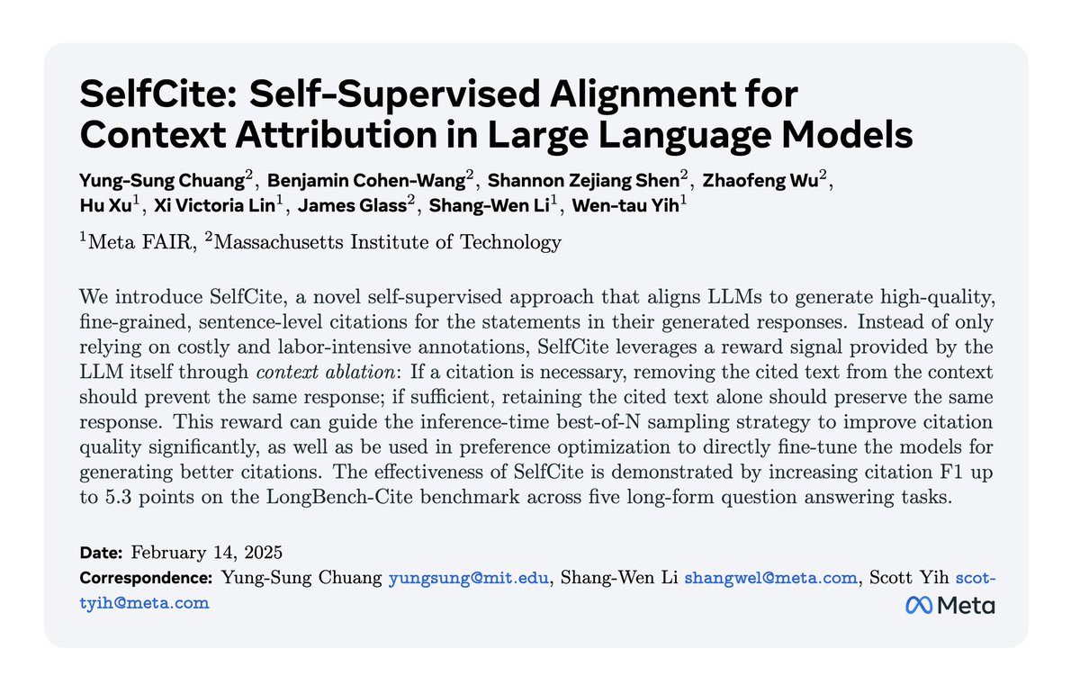 YungSungChuang's tweet image. (1/5)🚨LLMs can now self-improve to generate better citations✅
📝We design automatic rewards to assess citation quality
🤖Enable BoN/SimPO w/o external supervision
📈Perform close to “Claude Citations” API w/ only 8B model
📄arxiv.org/abs/2502.09604
🧑💻github.com/voidism/SelfCi…