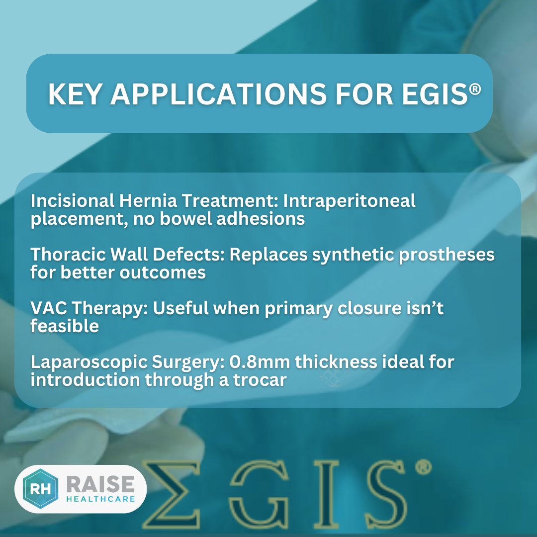 EGIS®: A pure, biocompatible collagen matrix for advanced soft tissue repair—no chemical crosslinking. Withstands up to 16MPa &amp; 50N tear resistance, ideal for incisional hernias, thoracic wall defects &amp; more.

raisehealthcare.co.uk | 0121 629 7818

#EGIS #RegenerativeSurgery