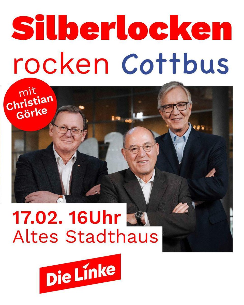 Die Silberlocken rocken Cottbus!


Am 17.02 um 16 Uhr sind Gregor Gysi, Bodo Ramelow und Dietmar Bartsch zusammen mit mir im alten  Stadthaus in Cottbus. 

Der Eintritt ist frei und eine Anmeldung ist nicht erforderlich🚩