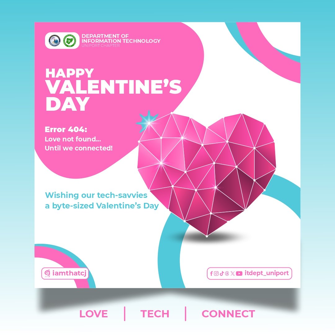 itdept_uniport's tweet photo. Happy Valentine's Day from the IT Department!

Wishing you a day filled with love, logic, and perfectly optimized code. May your networks be secure, your data be backed up, and your heart be filled with joy.

#happyvalentinesday #informationtechnology #itdept_uniport #loveintech https://t.co/RZx8NqnKd4