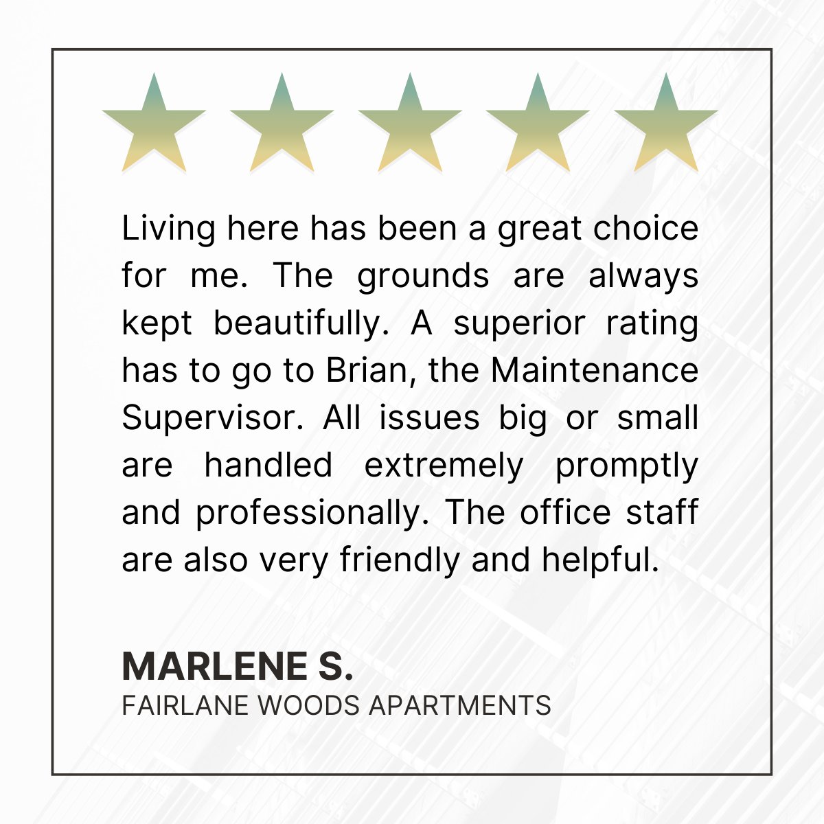 Experience the Fairlane Woods Apartments difference! ⭐️

Our professional and responsive staff are committed to addressing your needs promptly and efficiently. 🙌

Discover what makes our community great!
#LiveMarquette #MarquetteManagement #FairlaneWoods #Testimonial