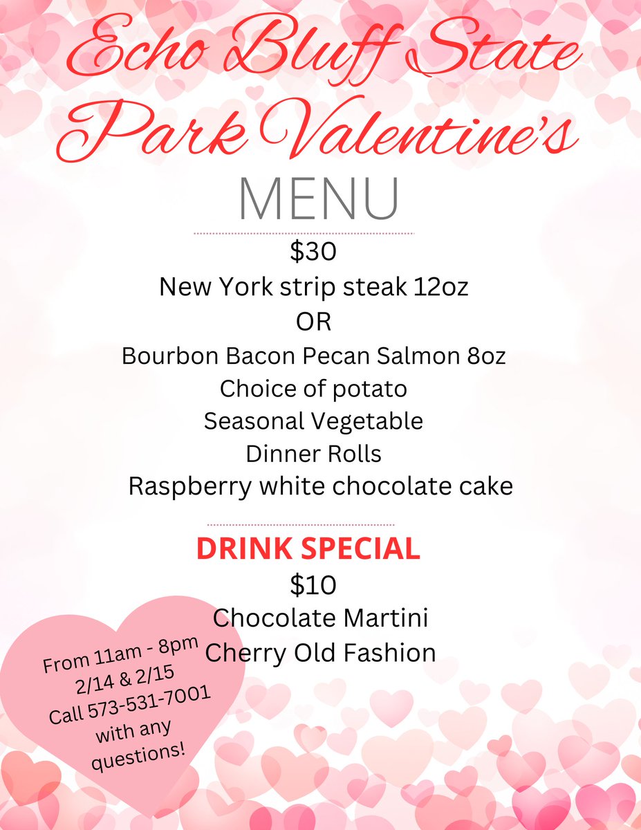 Happy Valentine's Day from all of us at Echo Bluff State Park! Don't forget we are having a special Valentine's dinner tonight and tomorrow. We will be open until 8pm! 💕