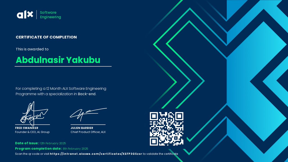 Bitweb_Tech's tweet image. Officially an ALX Software Engineering Program graduate! 🎓✨ Grateful and
excited for the future. Thanks to all who supported me! 🙌 #ALXSEGrad #ALXSE
#SoftwareEngineering #ALXLevelUp #ALX_SELegacy