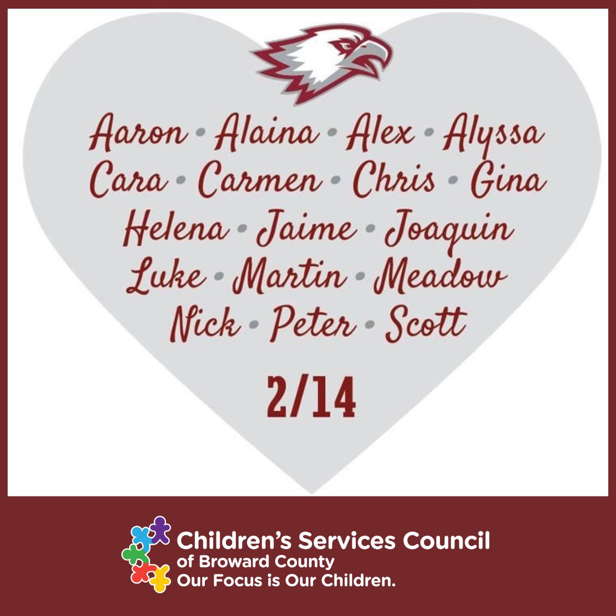 Today, we unite in remembrance and reflection. 🕊️❤️ On this Day of Service and Love, we honor the 17 lives lost and those injured in the tragedy at Marjory Stoneman Douglas High on 2/14/18. Let’s stand together, spreading love, kindness, and support. #MSDStrong #CSCBroward