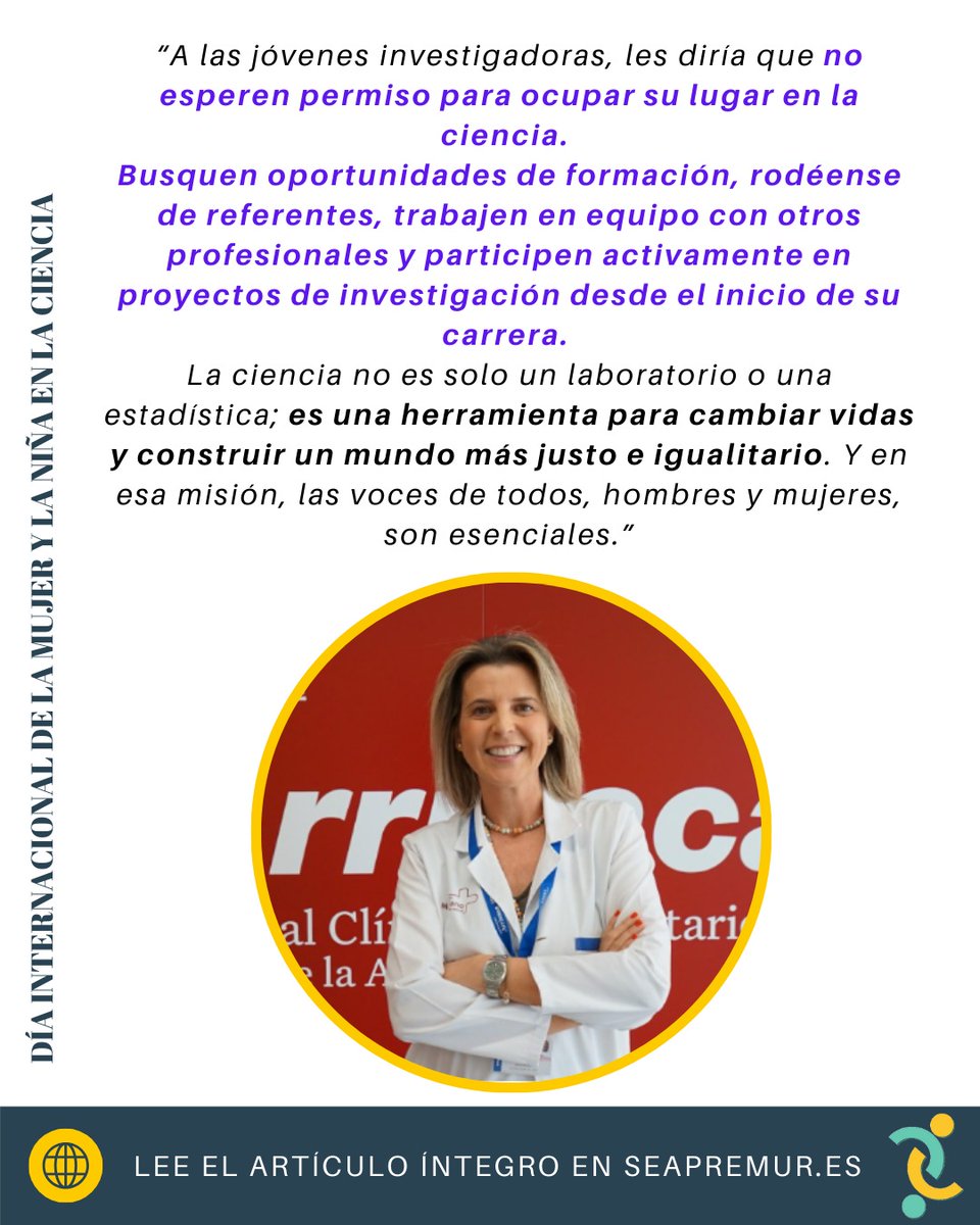 Finalizamos la iniciativa de SEAPREMUR por el #DíaInternacionaldelaMujerylaNiñaenlaCiencia presentando a Dra. María Solé <a href="/MariaSolAgust2/">Maria Solé Agustí</a> enfermera investigadora del  <a href="/AreaUnoArrixaca/">Área 1 Arrixaca</a> <a href="/Murciasalud/">Murciasalud</a> 
ℹ️ seapremur.es/post/d%C3%ADa-…
#EFyC <a href="/faecap/">FAECAP +S</a> 
#DíaMujeryNiñaenlaCiencia