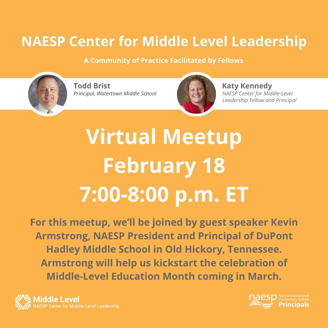 NAESP's tweet photo. Get ready for Middle-Level Education Month this March with our @NAESP virtual meetup on Feb. 18! 🗓️ We're excited to have our president @DrKDArmstrong as the spotlight speaker.
Don't miss out! Register now 👉 https://t.co/KwF87xYIrj #MiddleLevelEd #EdLeadership https://t.co/HqovXnOZ5T