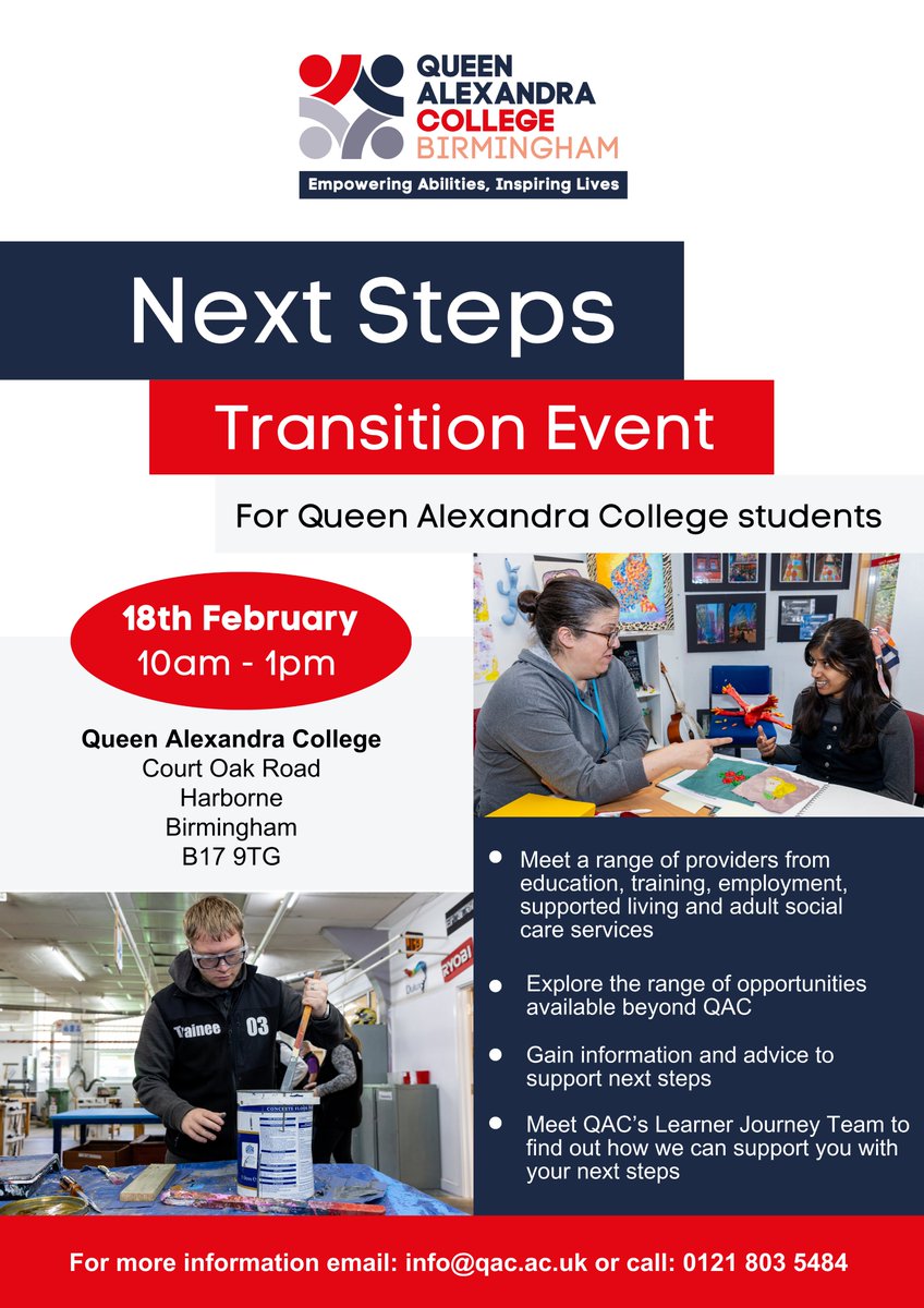Queen Alexandra Charity (@qac_official) on Twitter photo Calling all QAC students and parents/carers!
Our next steps event will be taking place on Tuesday 18th February from 10am - 1pm.
This event provides the opportunity to meet with prospective employers, training providers and services around future pathways. Calling all QAC students and parents/carers!
Our next steps event will be taking place on Tuesday 18th February from 10am - 1pm.
This event provides the opportunity to meet with prospective employers, training providers and services around future pathways.