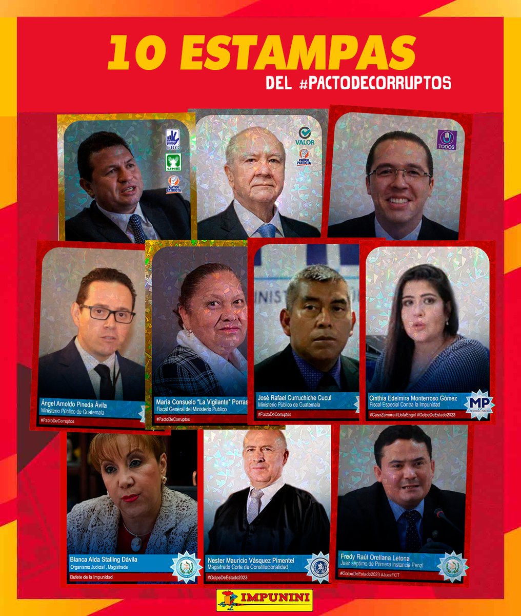 vidalportales's tweet photo. Voy a dejar 10 estampas del #ImpuniAlbum, 10 rostros de la corrupcion. Son 10 razones para ir a marcar el 10.  Que no se le olvide!! https://t.co/a7rQeOZJcR