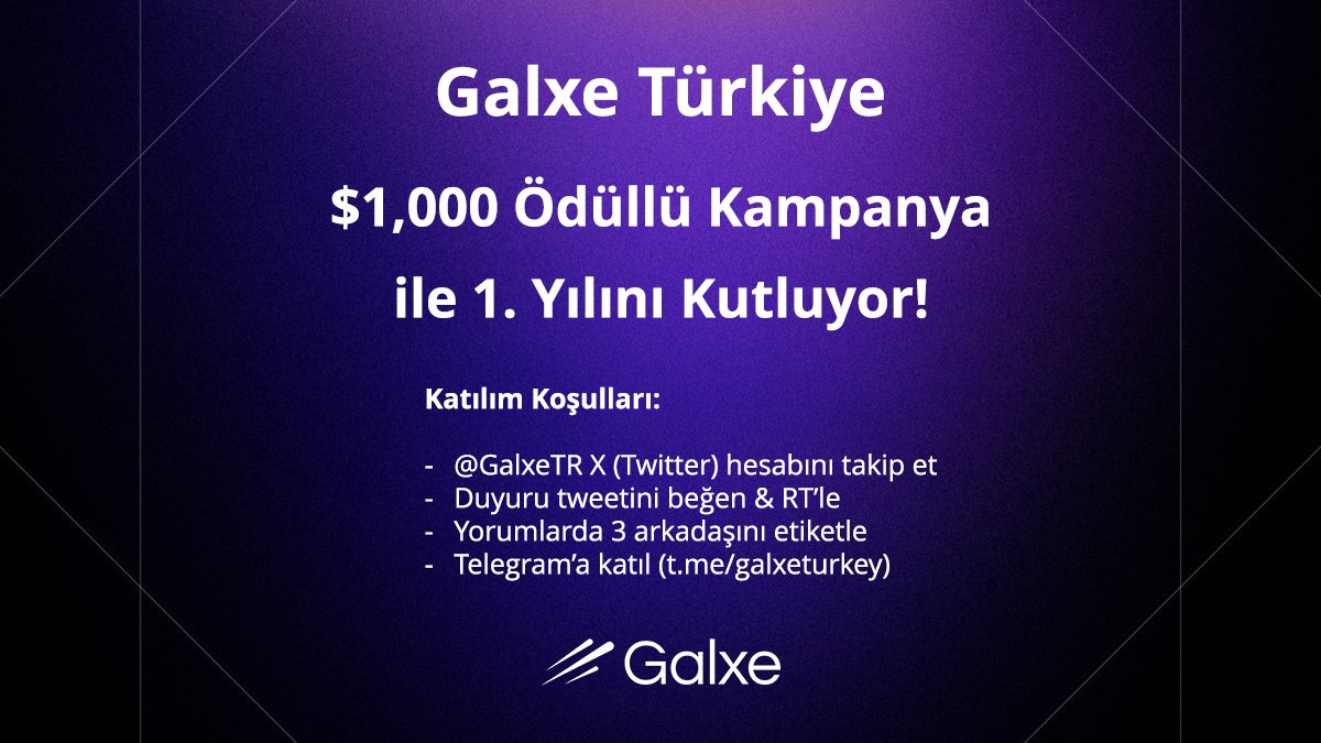 Galxe Turkey (@galxetr) on Twitter photo 📢 Galxe Türkiye operasyonlarının 1. yıldönümünü kutluyoruz! 50 şanslı kullanıcı, $1,000 ödül havuzunu paylaşacak! 🎁
Katılım koşulları:
- <a href="/GalxeTR/">Galxe Turkey</a> takip et
- Bu tweeti beğen & RT'le
- Yorumlarda 3 arkadaşını etiketle
- Telegram'a (t.me/GalxeTurkey) katıl 📢 Galxe Türkiye operasyonlarının 1. yıldönümünü kutluyoruz! 50 şanslı kullanıcı, $1,000 ödül havuzunu paylaşacak! 🎁
Katılım koşulları:
- <a href="/GalxeTR/">Galxe Turkey</a> takip et
- Bu tweeti beğen & RT'le
- Yorumlarda 3 arkadaşını etiketle
- Telegram'a (t.me/GalxeTurkey) katıl