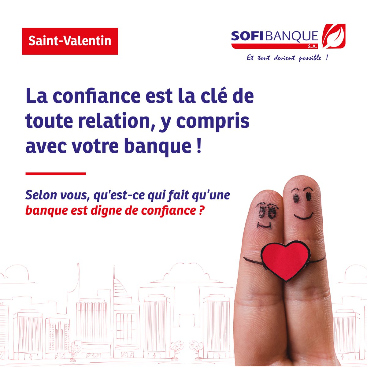 La #confiance est la clé de toute relation, y compris avec votre banque ! 🔑

En cette #SaintValentin, célébrez l’amour et la confiance avec #Sofibanque. Nos cartes bancaires vous accompagnent partout pour faire plaisir à ceux que vous aimez, en toute simplicité et sécurité.