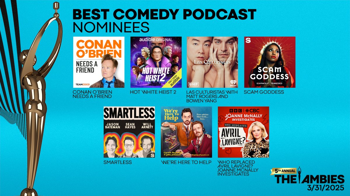 Get ready to laugh out loud! The Best Comedy Podcast nominees for #TheAmbies are here. Catch the laughs and the winners on March 31!

#podcast #awards @mattrogerstho <a href="/fayedunaway/">dorothy dunaway</a> @scamgoddesspod @heretohelppod <a href="/cbcpodcasts/">CBC Podcasts</a>