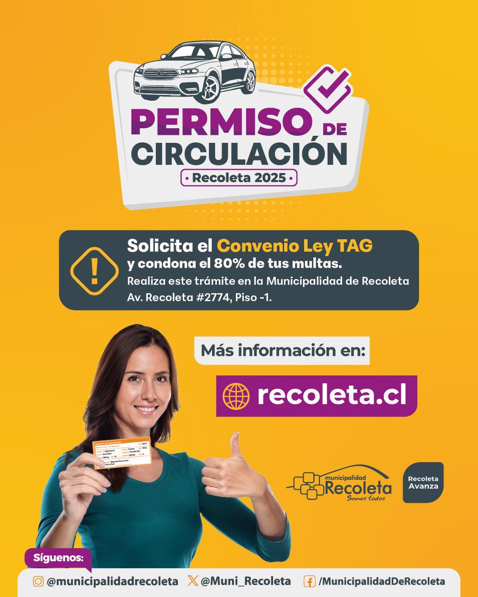 FaresJadue's tweet photo. 🚗✨ Renovar tu permiso en Recoleta es más que un trámite: es aportar al progreso de nuestra comuna.  

💻 Paga online en 👉 https://t.co/ZHcXD93V7F y evita filas. Tu aporte permite mejorar calles, seguridad, áreas verdes, deporte, áreas verdes, cultura y mucho más.  

Haz tu trámite rápido y seguro. Más info en https://t.co/01paQuMs2n #RecoletaAvanza 🚀
