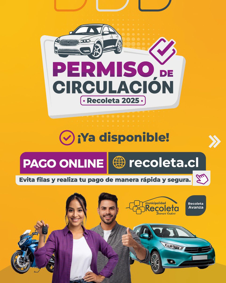 FaresJadue's tweet photo. 🚗✨ Renovar tu permiso en Recoleta es más que un trámite: es aportar al progreso de nuestra comuna.  

💻 Paga online en 👉 https://t.co/ZHcXD93V7F y evita filas. Tu aporte permite mejorar calles, seguridad, áreas verdes, deporte, áreas verdes, cultura y mucho más.  

Haz tu trámite rápido y seguro. Más info en https://t.co/01paQuMs2n #RecoletaAvanza 🚀