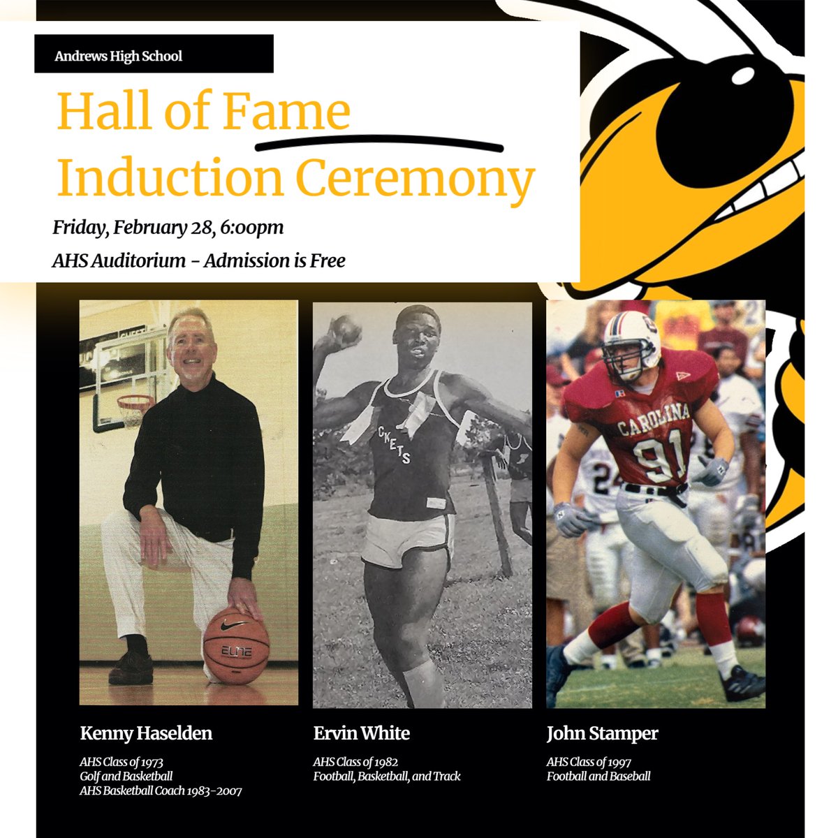 📅 Date: Friday, February 28th
⏰ Time: 6:00pm
📍 Location: Andrews High School Auditorium 
🎟️ FREE Admission!
Don’t miss this special event as we honor the legacy of our amazing Yellow Jackets. Come out and show your support! 💛🖤