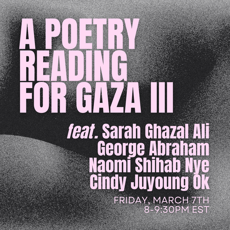 Tin House (@tin_house) on Twitter photo Join our friends <a href="/Workshops4Gaza/">Workshops4Gaza</a> for their third online poetry reading featuring Sarah Ghazal Ali, George Abraham, Naomi Shihab Nye, and Cindy Juyoung Ok. The reading will be followed by a short moderated discussion and Q and A. Can't wait to see you there! Join our friends <a href="/Workshops4Gaza/">Workshops4Gaza</a> for their third online poetry reading featuring Sarah Ghazal Ali, George Abraham, Naomi Shihab Nye, and Cindy Juyoung Ok. The reading will be followed by a short moderated discussion and Q and A. Can't wait to see you there!