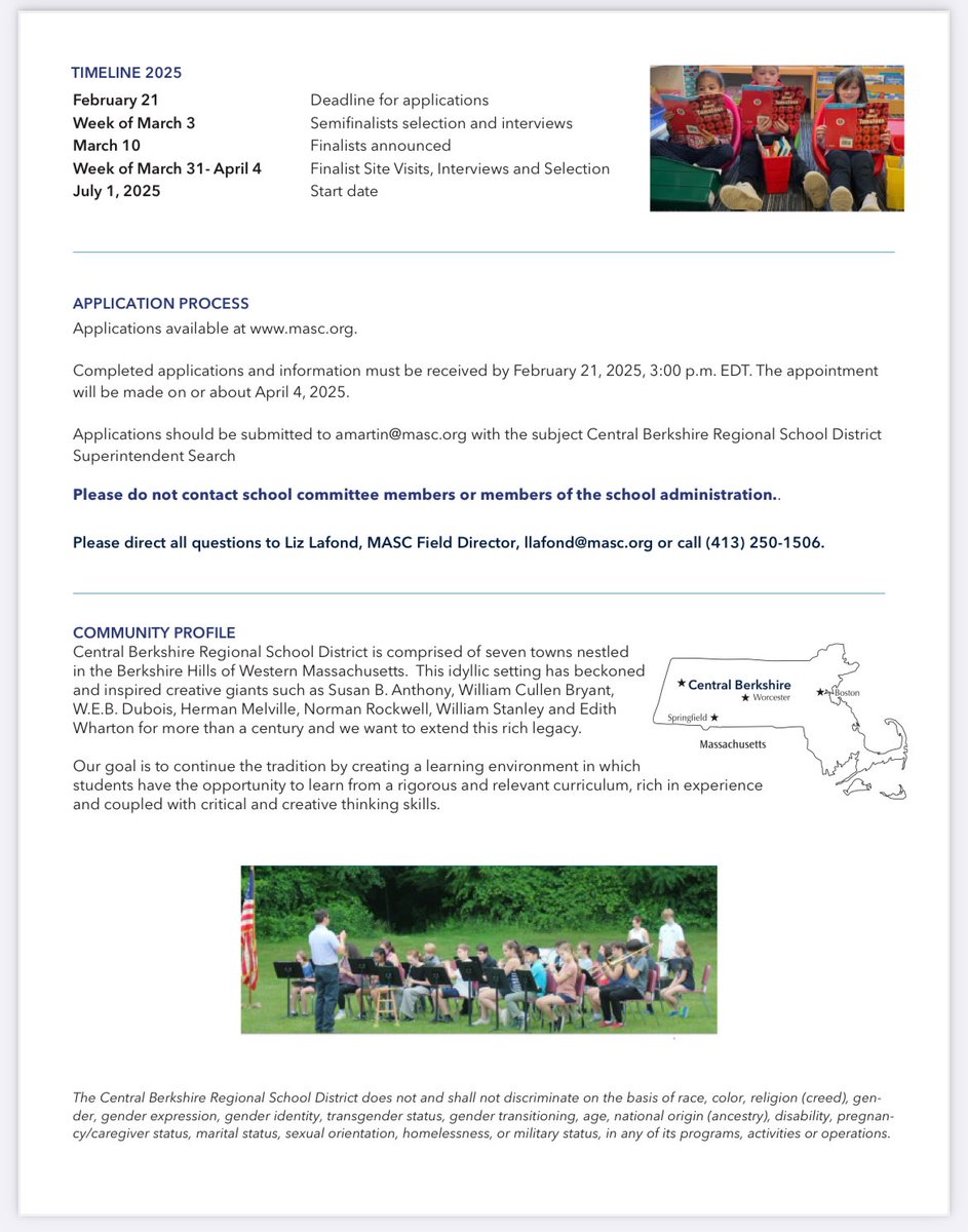 🗓️Reminder! 

Applications for the Central Berkshire Refional superintendency are due ONE WEEK from today, on Friday, February 21!

Information: masc.org/services/super…