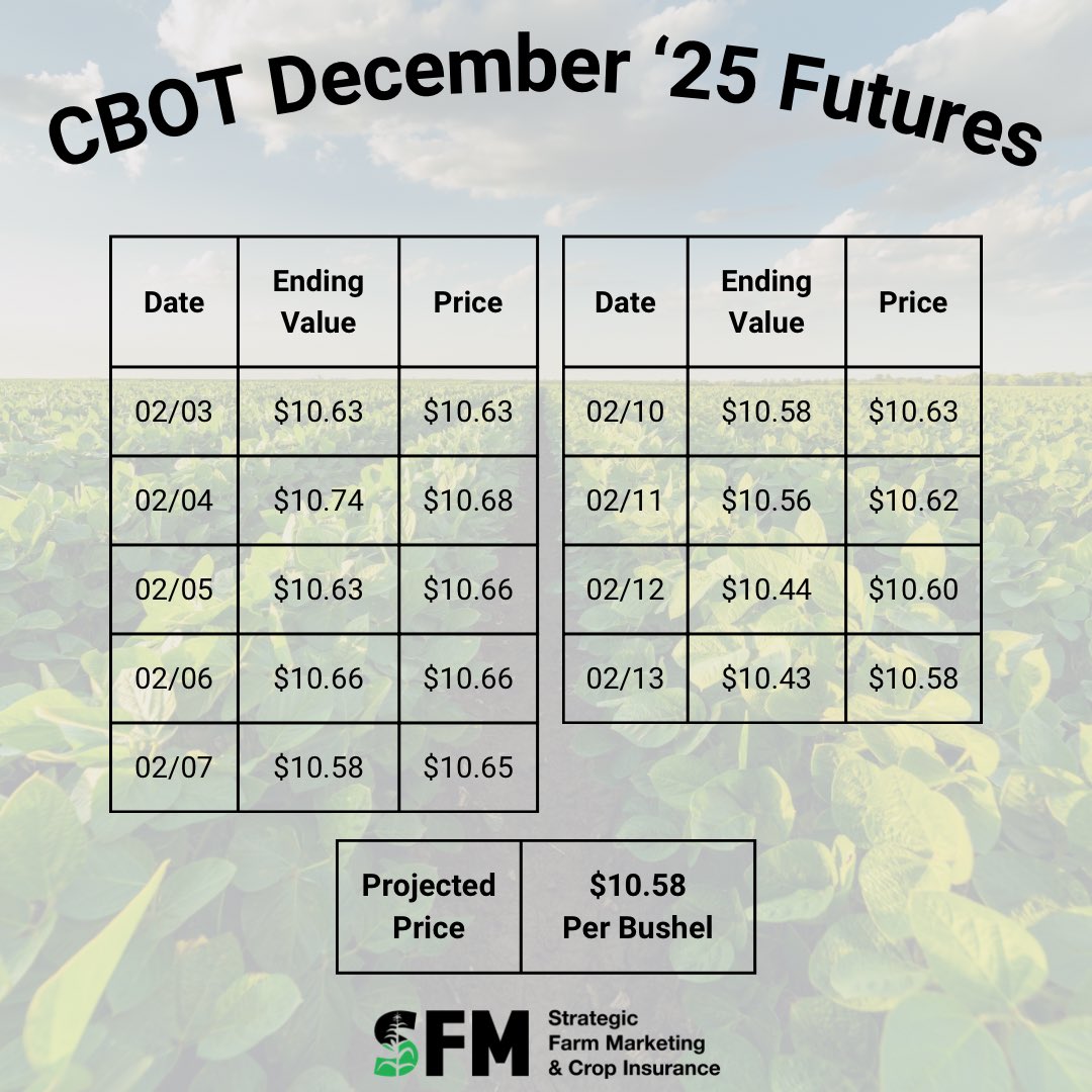 SFarmMarketing's tweet photo. Feb price update:
🌽$4.69
🌱$10.58
Already half way through this pricing period! Keep in mind these numbers reflect your initial revenue guarantees for RP coverage. Contact an SFM agent for more information!
#corn #soybeans #febprice #cropinsurance #riskmanagement #CBOTfutures https://t.co/V392CZv8sh