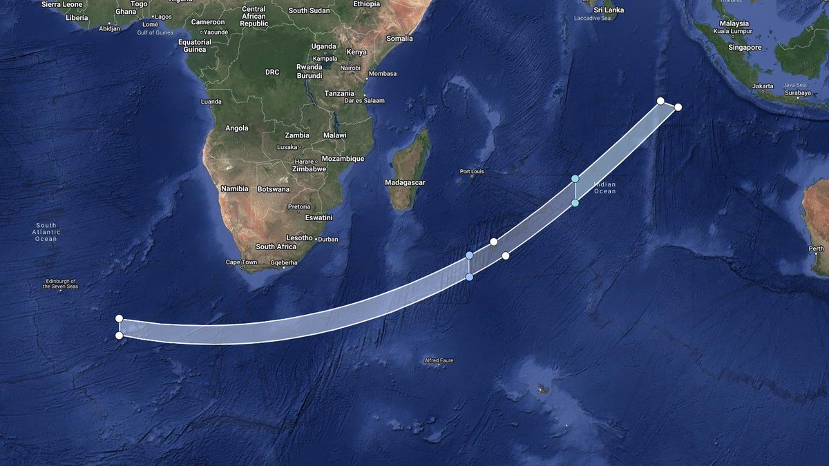 LHA map for #Starlink Group 12-8 from CCSFS SLC-40 NET 15 Feb 06:14 UTC, alternatively 16 to 20 Feb based on issued NOTAM/NOTMARs. Planned B1067.26 recovery 600km with estimated fairing recovery ~670km downrange. S2 debris reentry area in Indian Ocean. bit.ly/LHA-47