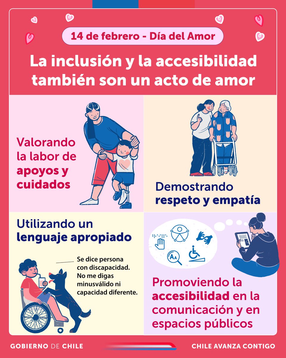 ❤️ En el día del amor y la amistad, te compartimos algunas buenas prácticas para demostrar inclusión todos los días. 

#ChileInclusivo #ChileCuida #14deFebrero