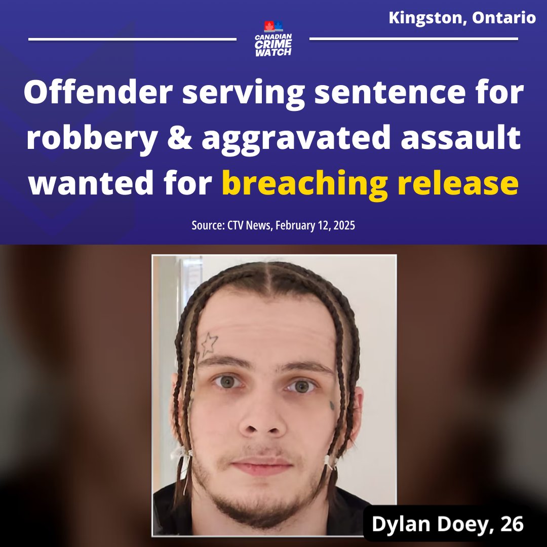 A Canada-wide warrant has been issued for the arrest of a 26-year-old man who’s breached his statutory release, according to the Ontario Provincial Police (OPP).

Dylan Doey is described as Metis, five-foot-seven and 160 pounds. He has a tattoo of a Star over his right eye, and a