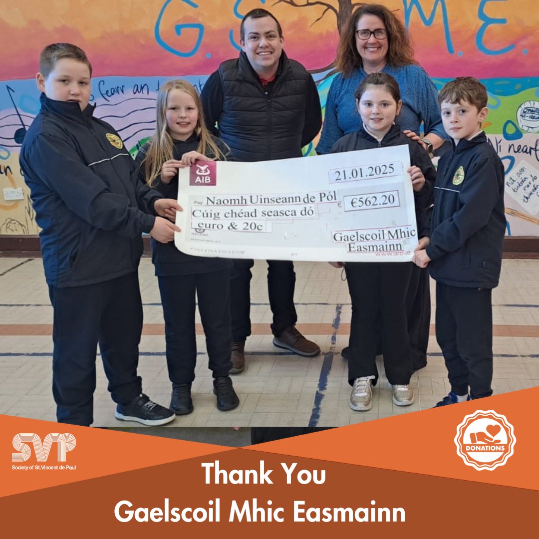 Míle buíochas le Gaelscoil Mhic Easmainn as airgead a bhailiú ar ár son. 🙌💙
Ár mbuíochas ó chroí le gach duine a thug go flaithiúil do Naomh Uinseann de Pól – tá bhur dtacaíocht iontach luachmhar dúinn! 💙🙏 

#SVP #Buíochas #Pobal