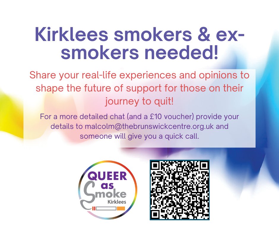 Are you a smoker (or ex-smoker) in Kirklees?

If you are happy to have a more detailed chat (and a £10 voucher) provide your details to malcolm@thebrunswickcentre.org.uk.

mailchi.mp/healthwatchkir…