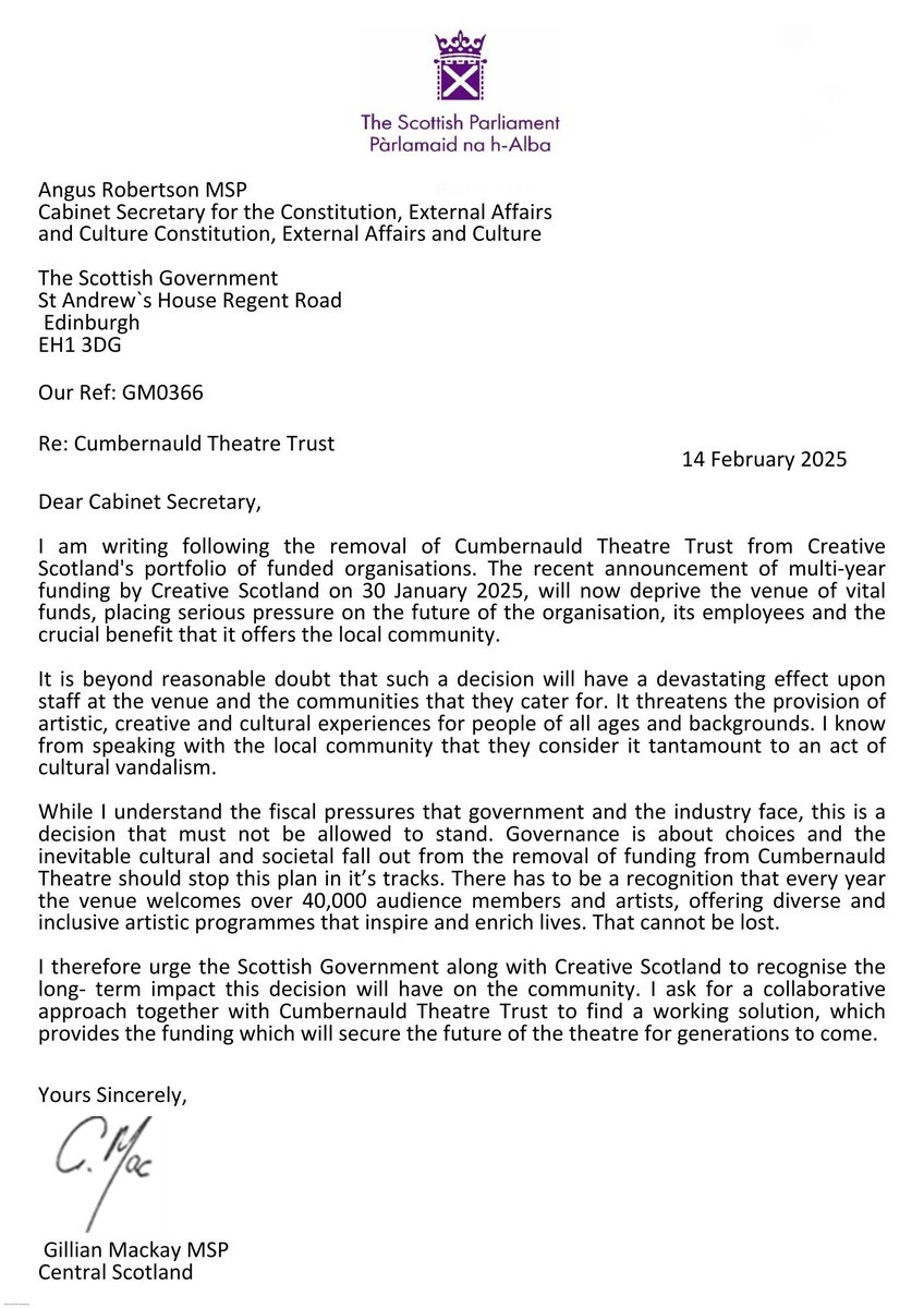 Gillian Mackay MSP (@gillianmacmsp) on Twitter photo Today I have contacted <a href="/AngusRobertson/">Angus Robertson</a> following the removal of <a href="/CnauldTheatre/">Cumbernauld Theatre</a> from <a href="/CreativeScots/">Creative Scotland</a> portfolio of funded organisations.
This decision will have a devastating effect for staff at the venue and the community it caters for.
I hope we can find a working solution. Today I have contacted <a href="/AngusRobertson/">Angus Robertson</a> following the removal of <a href="/CnauldTheatre/">Cumbernauld Theatre</a> from <a href="/CreativeScots/">Creative Scotland</a> portfolio of funded organisations.
This decision will have a devastating effect for staff at the venue and the community it caters for.
I hope we can find a working solution.