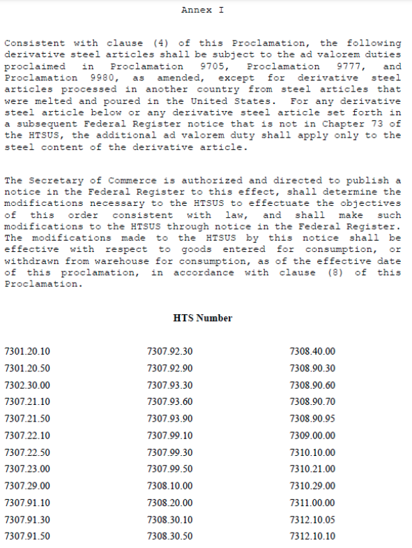 President Trump’s proclamations on the Section 232 tariffs for steel and aluminum have finally been published in the Federal Register, including the Annex on derivatives.

Here's the one for steel: federalregister.gov/public-inspect…