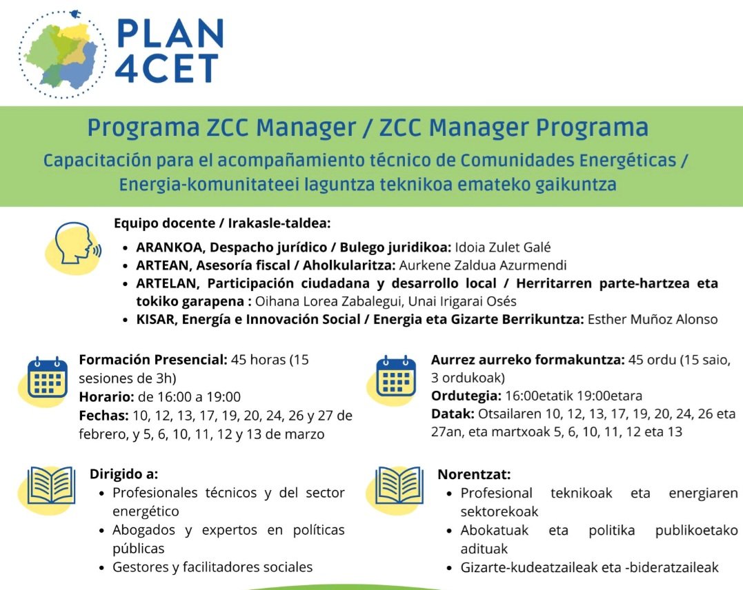 Artelan (@artelan_) on Twitter photo Muy contentas con la formación que estamos impartiendo junto a <a href="/ArankoaAbogadas/">Arankoa Abogadas</a>, #Kisar y #Artean para acompañamiento técnico a Comunidades Energéticas.
Formación promovida por @plan4cet junto al <a href="/empleo_na/">Empleo - Lansare</a> dentro del programa CCZ Manager. Muy contentas con la formación que estamos impartiendo junto a <a href="/ArankoaAbogadas/">Arankoa Abogadas</a>, #Kisar y #Artean para acompañamiento técnico a Comunidades Energéticas.
Formación promovida por @plan4cet junto al <a href="/empleo_na/">Empleo - Lansare</a> dentro del programa CCZ Manager.