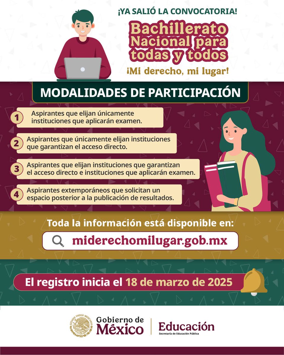 SEP_mx's tweet photo. ¡Llegó el momento que esperábamos! 🤩🙌🏼

📜 Hoy publicamos la convocatoria al #Bachillerato Nacional para Todas y Todos. ¡Mi derecho, mi lugar! 🏫🎓

💻 Ingresa a nuestra página https://t.co/VPAj3ZtvRO o al sitio https://t.co/lIHLfRqsVE para conocer todos los detalles.😉 https://t.co/JiDi0NAl81