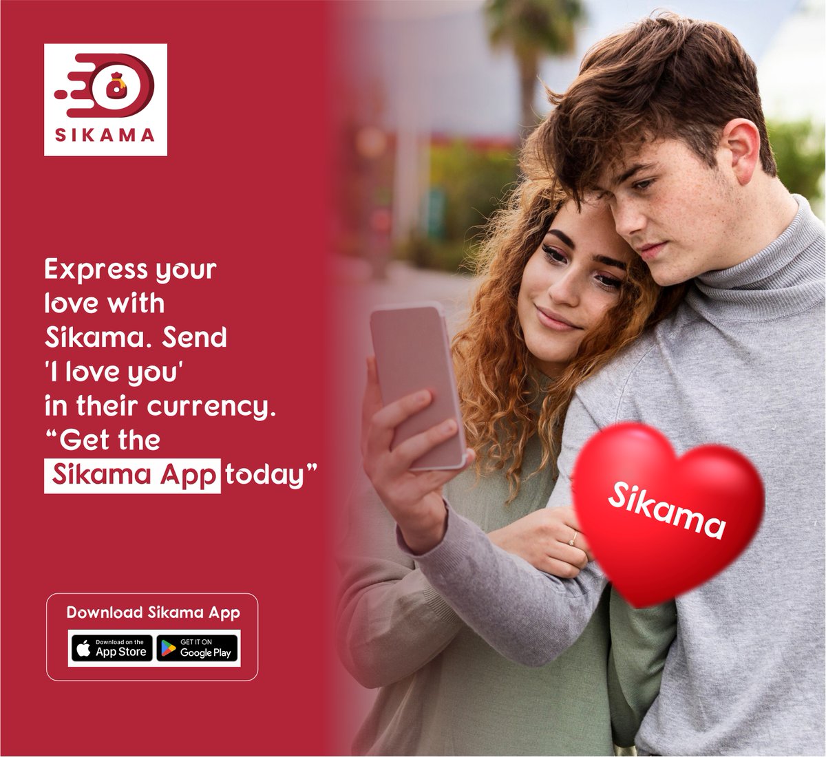 SikamaApp's tweet photo. Show your love with Sikama!  Send 'I love you' in their currency and make every moment memorable. Get the Sikama App today! #Sikama #SendLove #StayConnected #MoneyWithLove #ExpressYourLove #SeamlessRemittance #LoveAcrossBorders #SikamaApp #SendWithHeart https://t.co/AVg2zJmCos