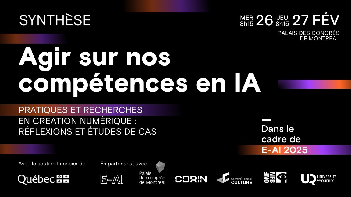 Dans le cadre d’<a href="/entertain_ai/">E-AI</a> 2025 les 26 et 27 février 2025, SYNTHÈSE vous invite à deux matinées d’échanges et de discussions sous la thématique Agir sur nos compétences en IA au Palais des congrès de Montréal ! 

Réservez votre place 👉 bit.ly/billeterie_SYN…