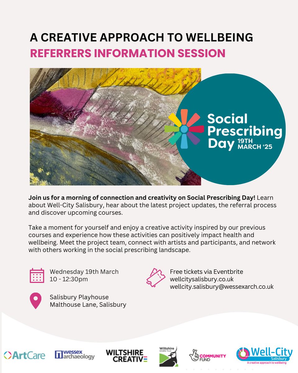 Join us on #SocialPrescribingDay! 🩵

As we launch for another 3 years we are hosting a referrers information session on 19 March. Learn more about the project, referral process, network and experience a creative activity. 

Free tickets on Eventbrite 👉

eventbrite.co.uk/e/well-city-sa…