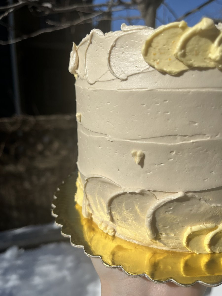 “burnt orange” cake.

yellow cake with plenty of orange zest and a hint of cinnamon. brown sugar swiss buttercream frosting. orange french buttercream filling- that has an almost imperceptible pinch of cinnamon and a dollop of torched swiss meringue mixed in.

Obscenely delicious
