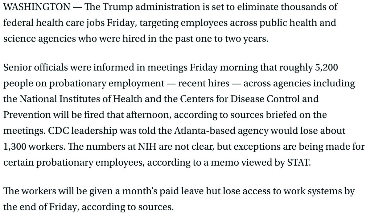 BREAKING: HHS to fire thousands of public workers on probationary employment this afternoon. Top officials at CDC, NIH, briefed this morning.