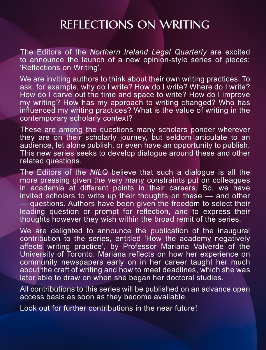 NI Legal Quarterly (@nilegalq) on Twitter photo <a href="/NILegalQ/">NI Legal Quarterly</a> is proud and excited to launch our new series with a piece by Mariana Valverde <a href="/UofTLaw/">U of T Law</a> <a href="/CrimSL_TO/">Centre for Criminology & Sociolegal Studies</a>.
nilq.qub.ac.uk/index.php/nilq… <a href="/NILegalQ/">NI Legal Quarterly</a> is proud and excited to launch our new series with a piece by Mariana Valverde <a href="/UofTLaw/">U of T Law</a> <a href="/CrimSL_TO/">Centre for Criminology & Sociolegal Studies</a>.
nilq.qub.ac.uk/index.php/nilq…