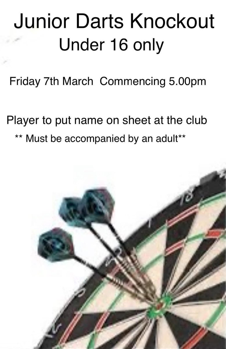 🎯🎯 Junior Darts Knockout 🎯🎯

All children welcome to take part but must be under 16 and their name needs to be put down in advance so we know how many are taking part ☺️☺️

💥💥 Could they the next Luke the Nuke 💥💥 
We will be taking 10% of any future winnings 😉